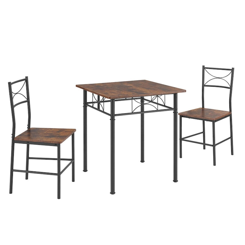 Ensemble de salle à manger carré 3 pièces marron pour coin-repas, table de bar en bois avec 2 chaises et cadre en acier