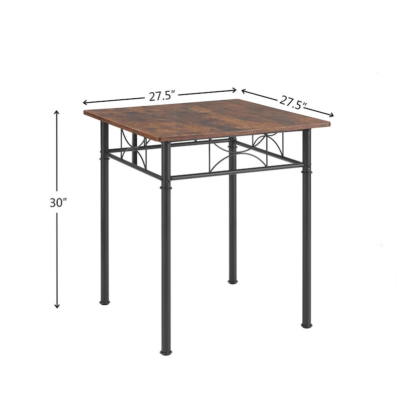 Ensemble de salle à manger carré 3 pièces marron pour coin-repas, table de bar en bois avec 2 chaises et cadre en acier