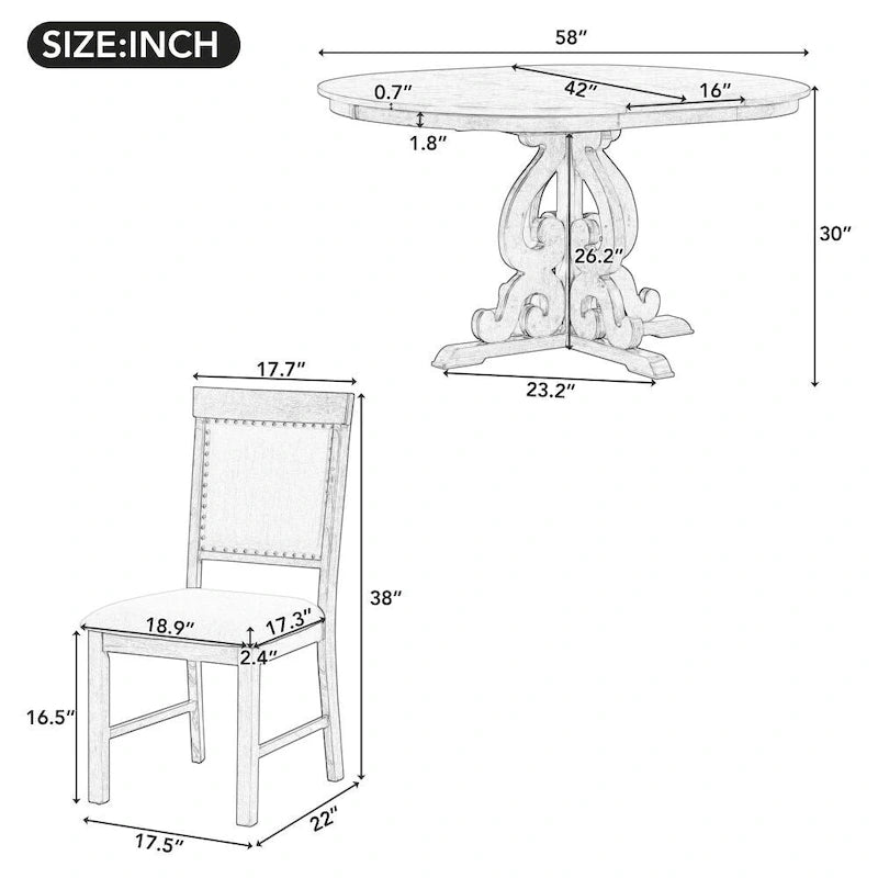 Ensemble de salle à manger fonctionnel rétro 5 pièces, une rallonge de 40 cm et 4 chaises rembourrées pour salle à manger et cuisine