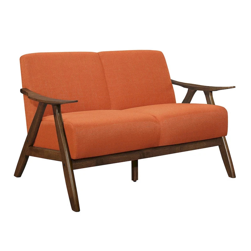 Causeuse Indy 130 cm, cadre angulaire en bois marron, tissu texturé orange