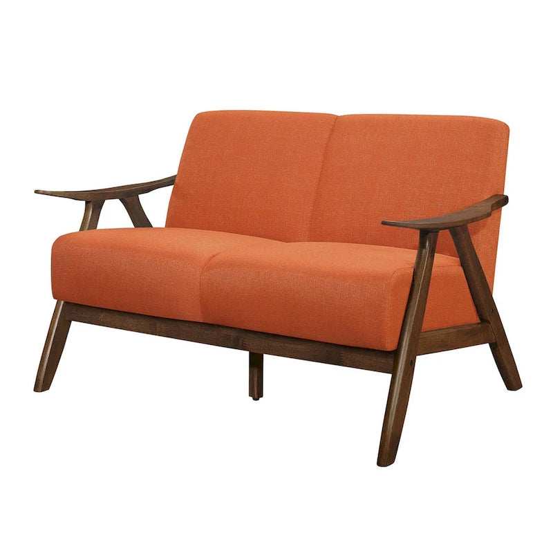 Causeuse Indy 130 cm, cadre angulaire en bois marron, tissu texturé orange