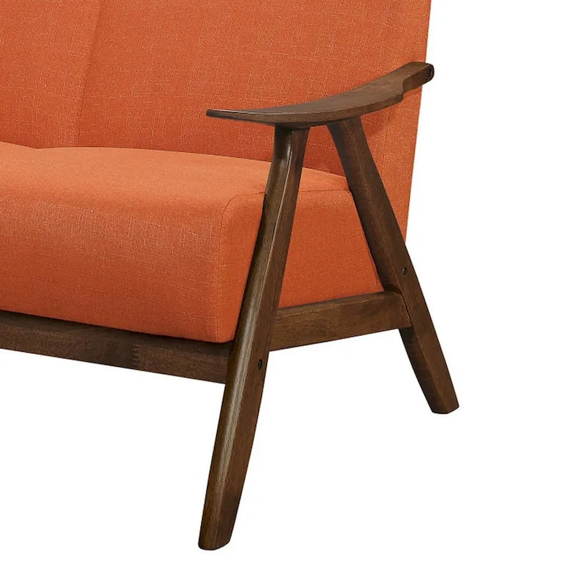 Causeuse Indy 130 cm, cadre angulaire en bois marron, tissu texturé orange