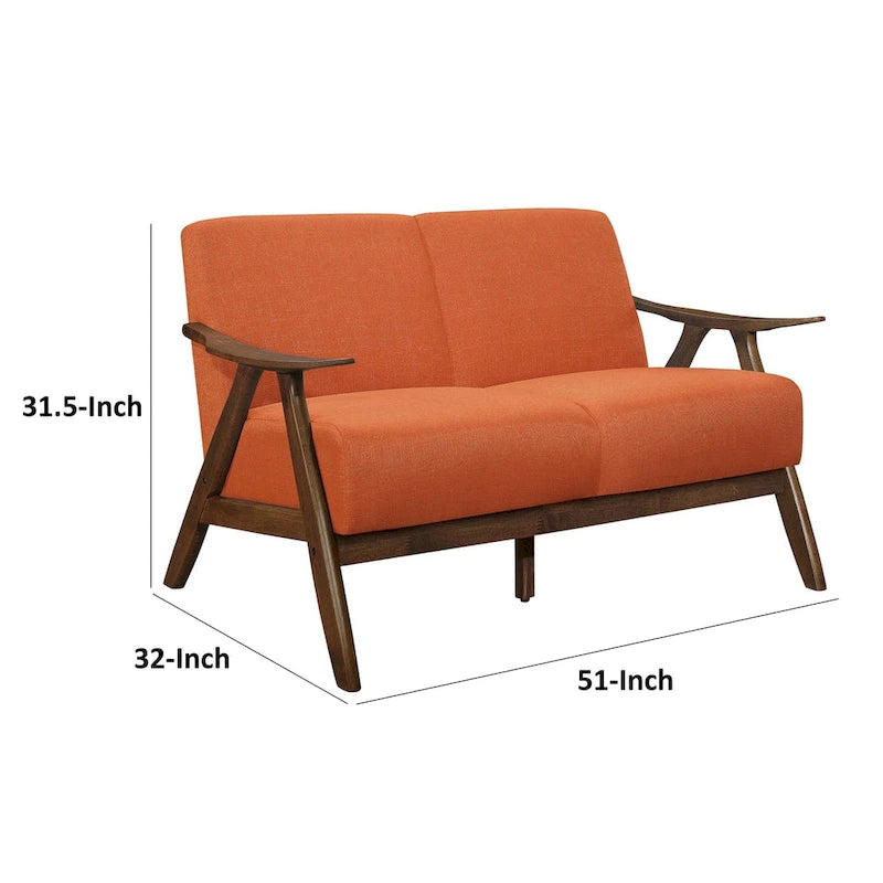Causeuse Indy 130 cm, cadre angulaire en bois marron, tissu texturé orange