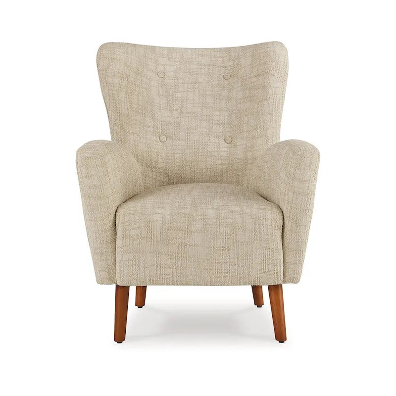 Fauteuil Sonie, Polyester Beige, Coussins Moelleux, Pieds Fuselés en Bois Marron