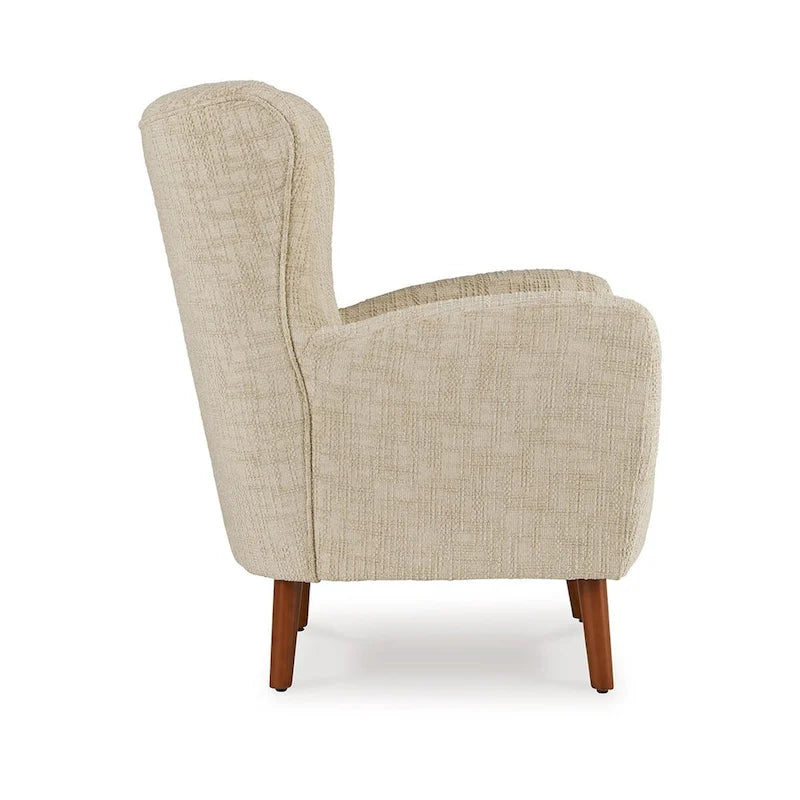 Fauteuil Sonie, Polyester Beige, Coussins Moelleux, Pieds Fuselés en Bois Marron