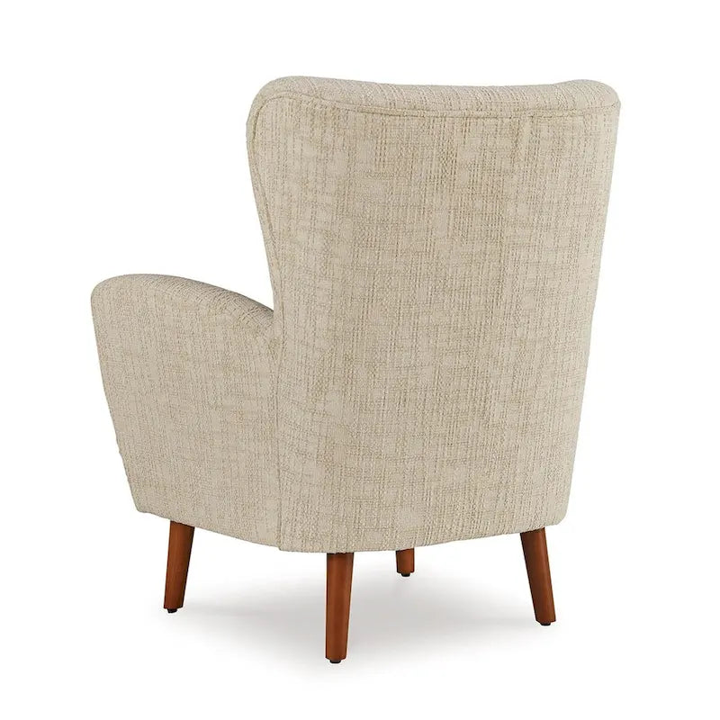 Fauteuil Sonie, Polyester Beige, Coussins Moelleux, Pieds Fuselés en Bois Marron