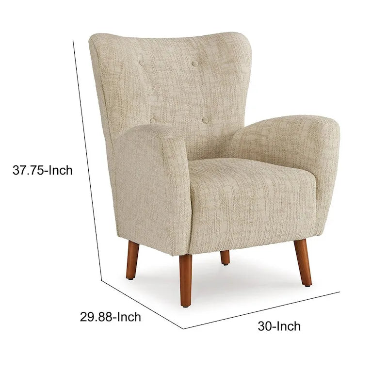Fauteuil Sonie, Polyester Beige, Coussins Moelleux, Pieds Fuselés en Bois Marron
