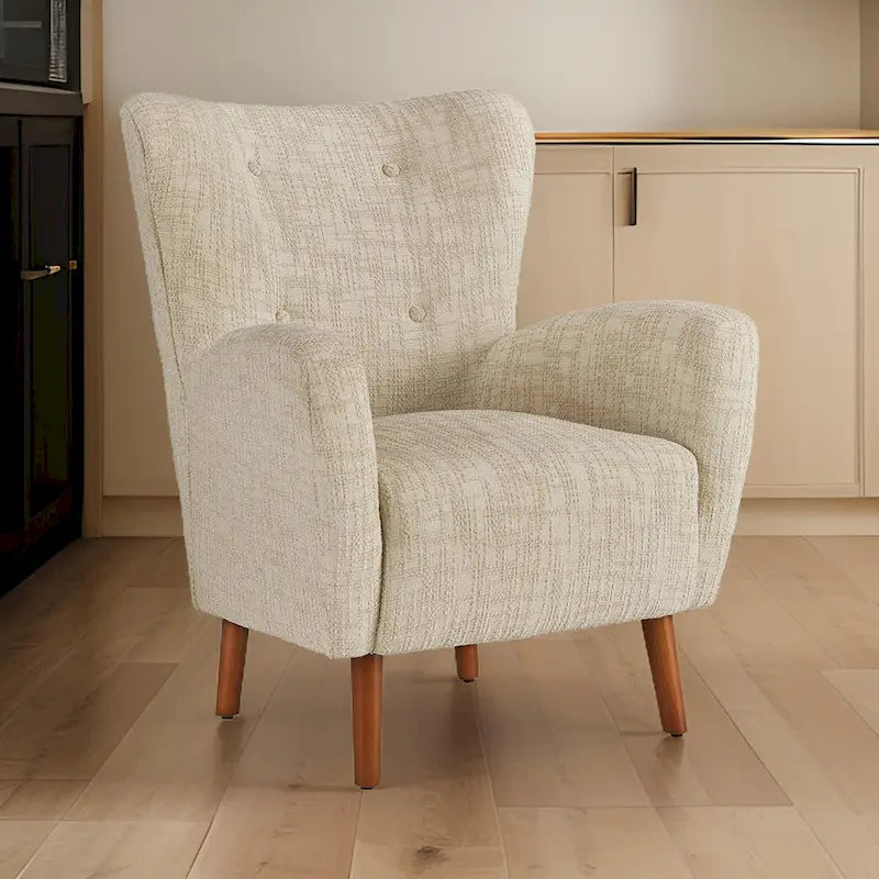 Fauteuil Sonie, Polyester Beige, Coussins Moelleux, Pieds Fuselés en Bois Marron