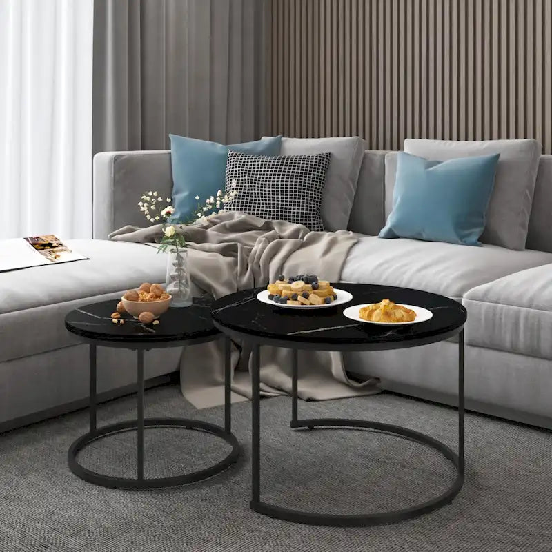 Lot de 2 tables basses gigognes, table basse ronde de 70 cm finition bois avec cadre en métal robuste, tables d'appoint
