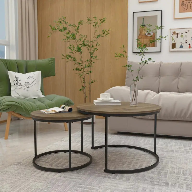 Lot de 2 tables basses gigognes, table basse ronde de 70 cm finition bois avec cadre en métal robuste, tables d'appoint