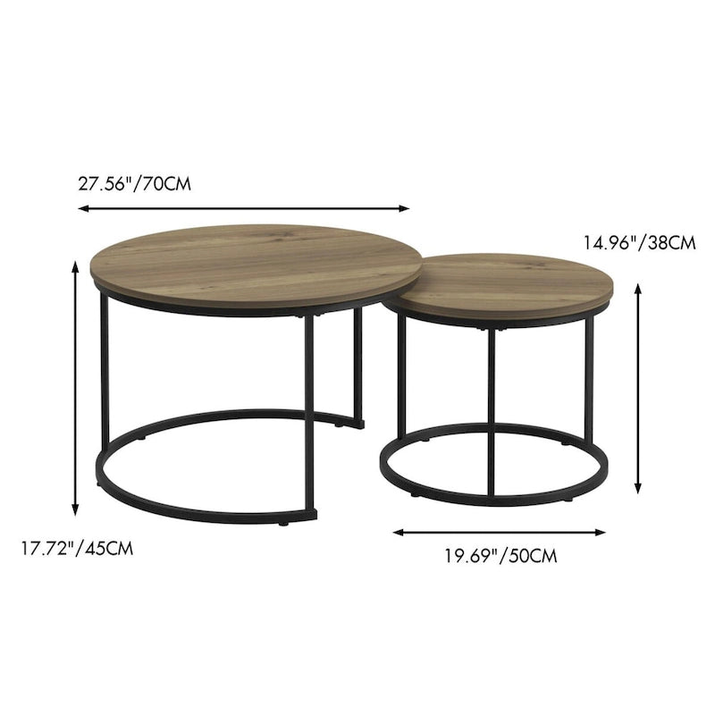 Lot de 2 tables basses gigognes, table basse ronde de 70 cm finition bois avec cadre en métal robuste, tables d'appoint