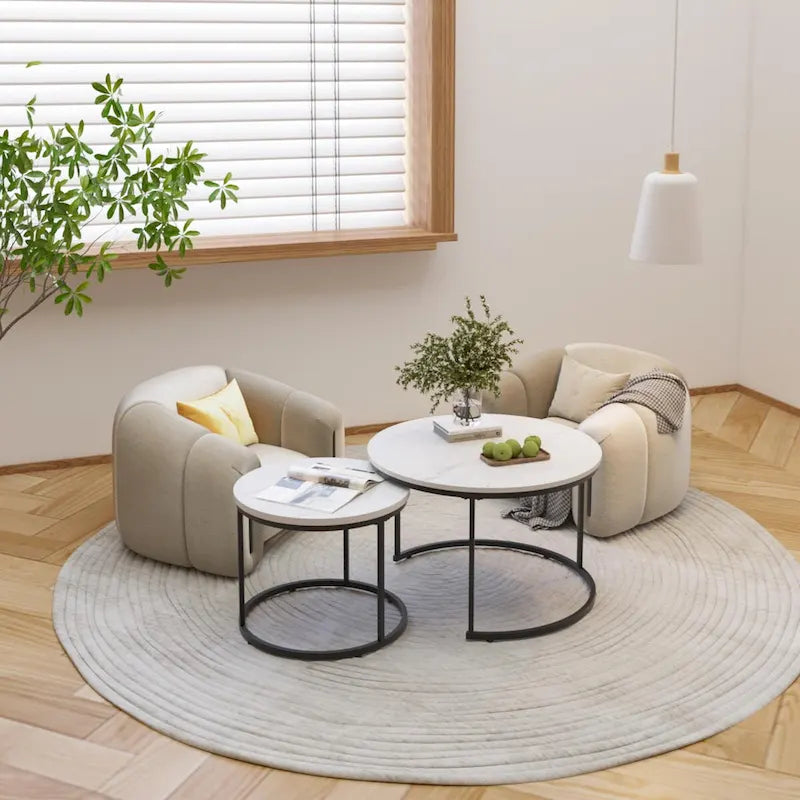Lot de 2 tables basses gigognes, table basse ronde de 70 cm finition bois avec cadre en métal robuste, tables d'appoint