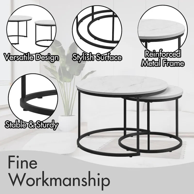 Lot de 2 tables basses gigognes, table basse ronde de 70 cm finition bois avec cadre en métal robuste, tables d'appoint