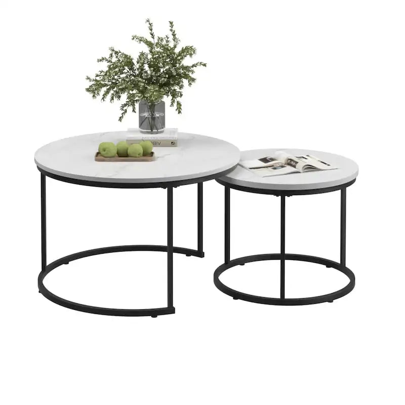 Lot de 2 tables basses gigognes, table basse ronde de 70 cm finition bois avec cadre en métal robuste, tables d'appoint