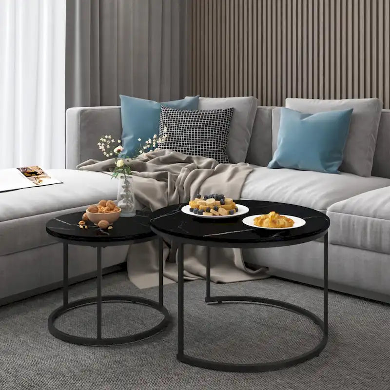 Lot de 2 tables basses gigognes, table basse ronde de 70 cm finition bois avec cadre en métal robuste, tables d'appoint