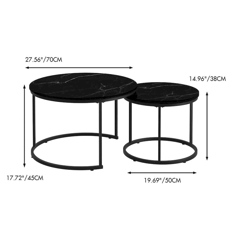 Lot de 2 tables basses gigognes, table basse ronde de 70 cm finition bois avec cadre en métal robuste, tables d'appoint