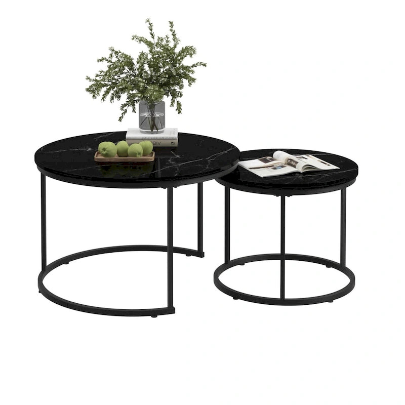 Lot de 2 tables basses gigognes, table basse ronde de 70 cm finition bois avec cadre en métal robuste, tables d'appoint