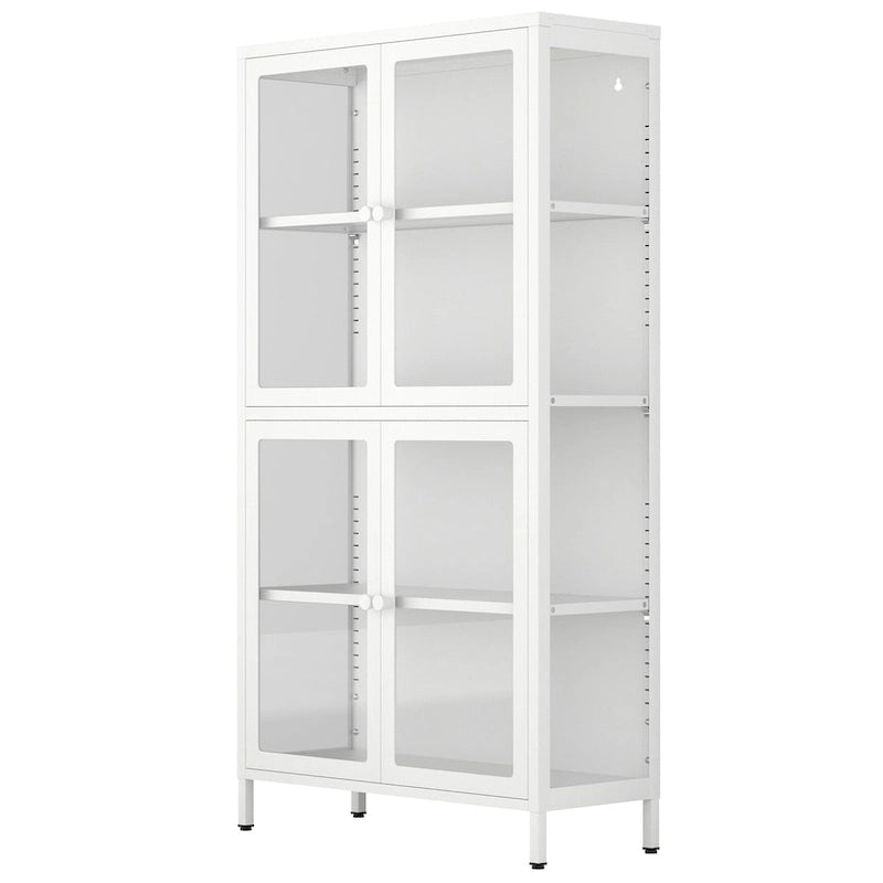 Meuble de rangement à quatre portes vitrées avec étagères et pieds réglables en acier laminé à froid