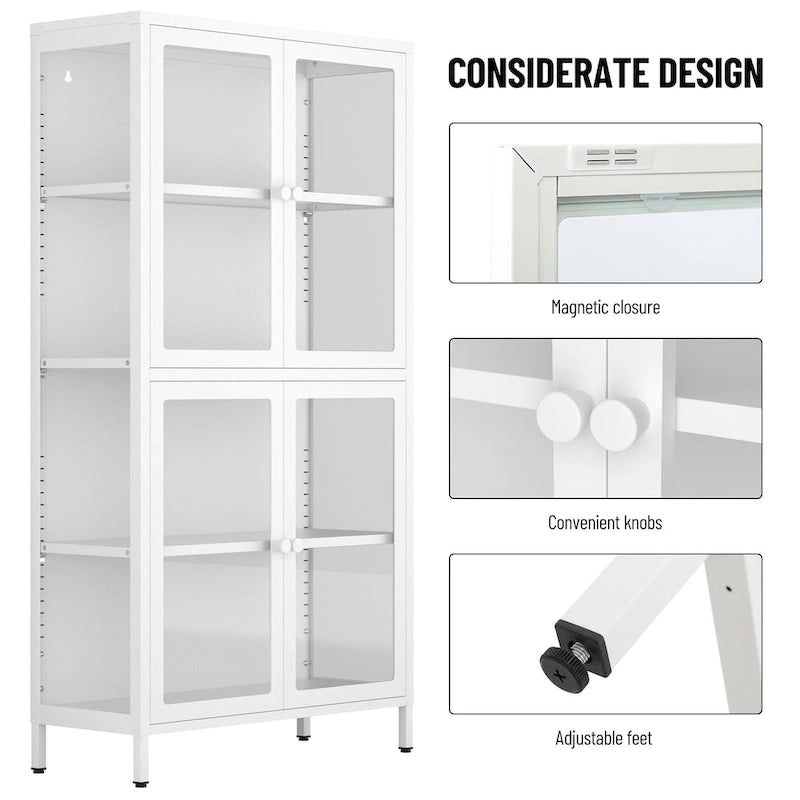 Meuble de rangement à quatre portes vitrées avec étagères et pieds réglables en acier laminé à froid