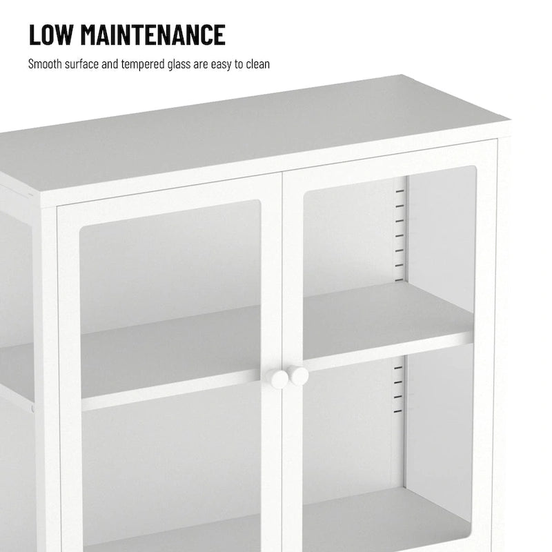 Meuble de rangement à quatre portes vitrées avec étagères et pieds réglables en acier laminé à froid