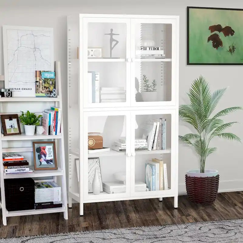 Meuble de rangement à quatre portes vitrées avec étagères et pieds réglables en acier laminé à froid
