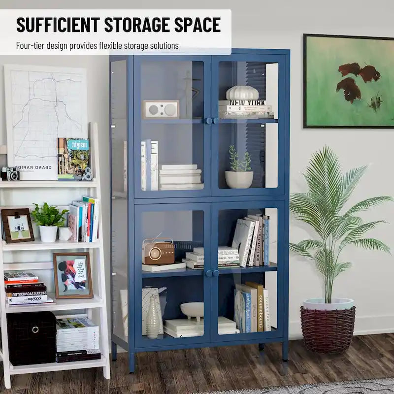 Meuble de rangement à quatre portes vitrées avec étagères et pieds réglables en acier laminé à froid