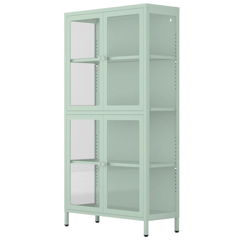 Meuble de rangement à quatre portes vitrées avec étagères et pieds réglables en acier laminé à froid
