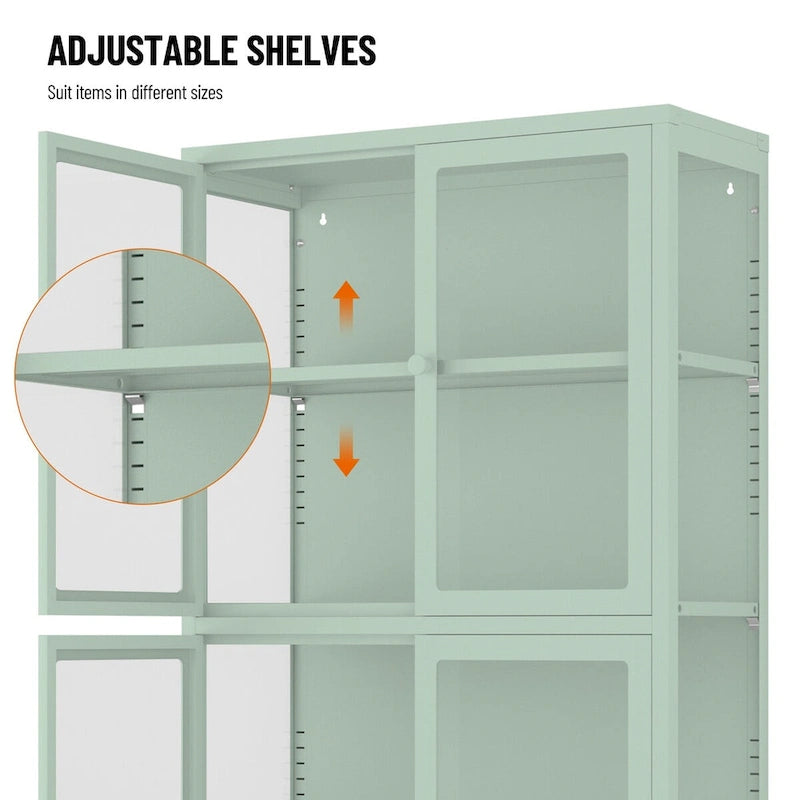 Meuble de rangement à quatre portes vitrées avec étagères et pieds réglables en acier laminé à froid