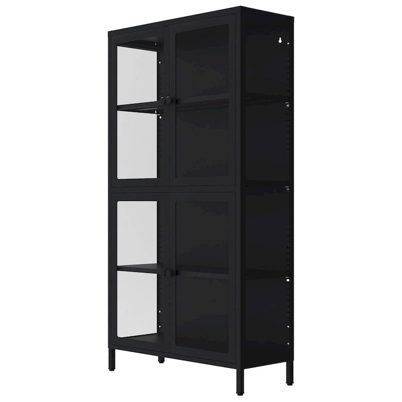 Meuble de rangement à quatre portes vitrées avec étagères et pieds réglables en acier laminé à froid