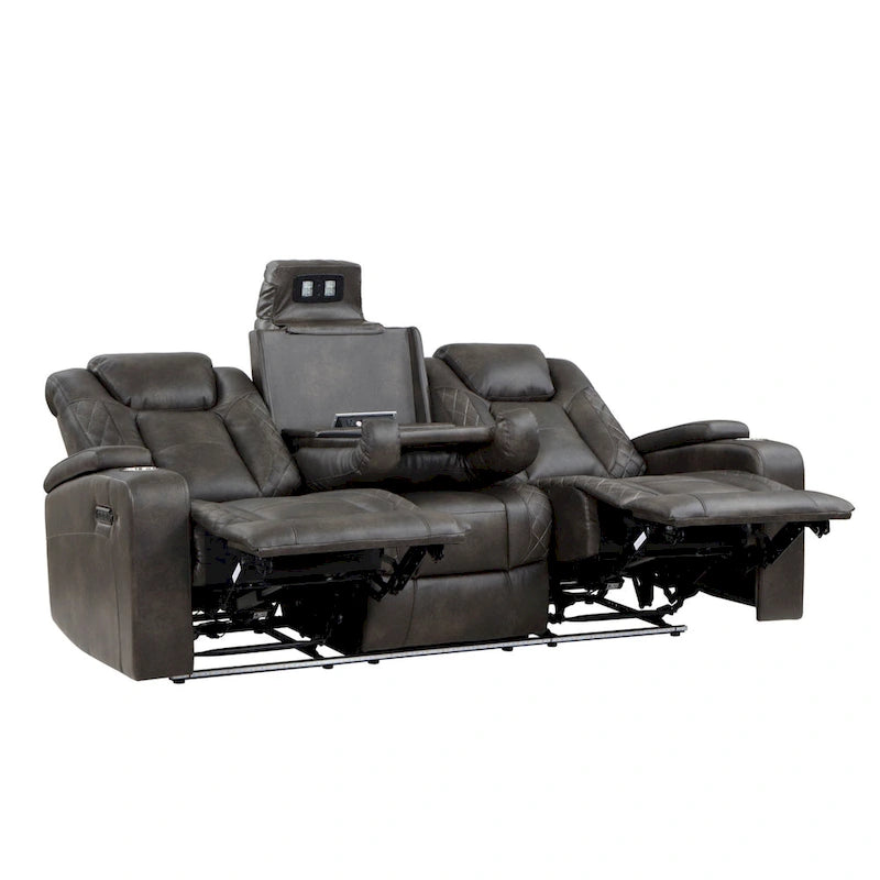 Canapé Mia 83 pouces, deux places relax électriques, similicuir gris, ports USB, table rabattable