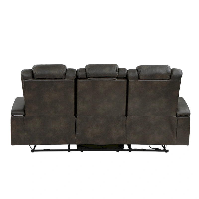 Canapé Mia 83 pouces, deux places relax électriques, similicuir gris, ports USB, table rabattable