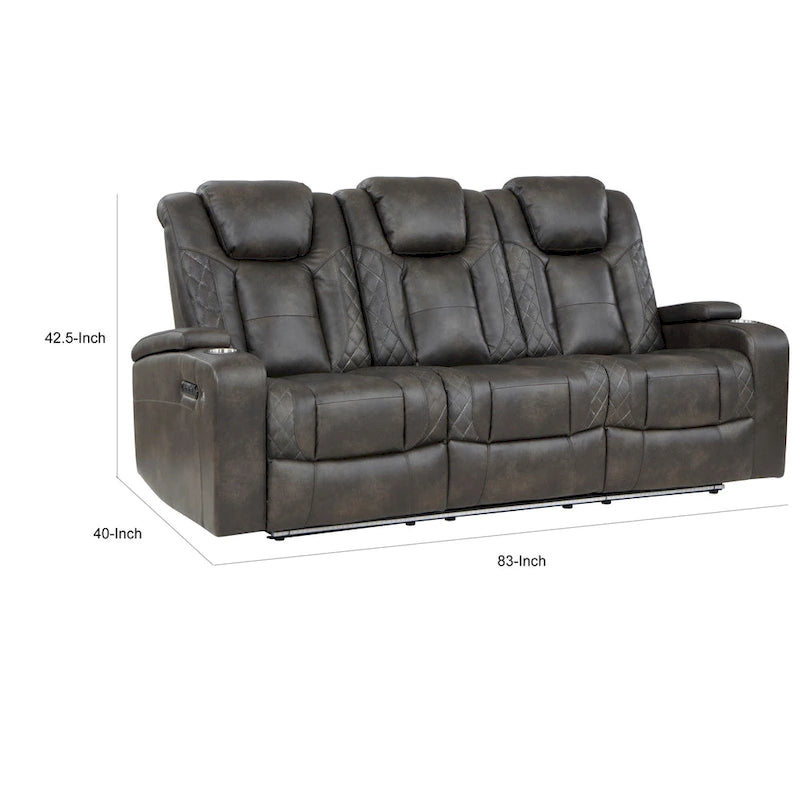 Canapé Mia 83 pouces, deux places relax électriques, similicuir gris, ports USB, table rabattable