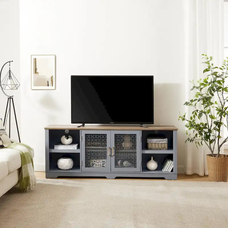 Meuble TV moderne, grande console de divertissement, pour téléviseur jusqu'à 80 pouces, avec étagères ouvertes et armoires à portes vitrées