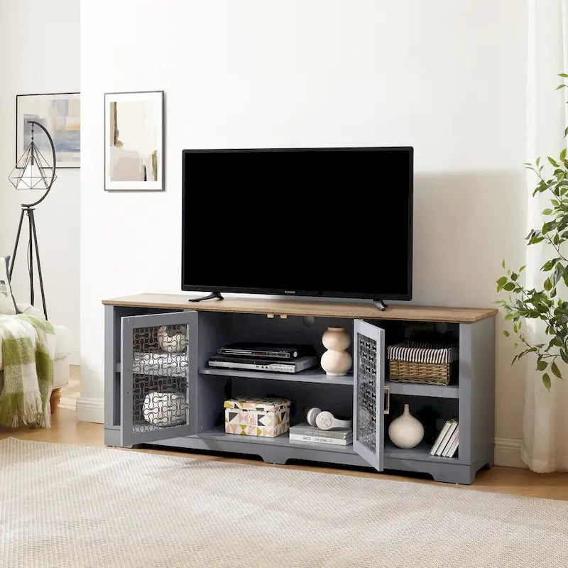 Meuble TV moderne, grande console de divertissement, pour téléviseur jusqu'à 80 pouces, avec étagères ouvertes et armoires à portes vitrées