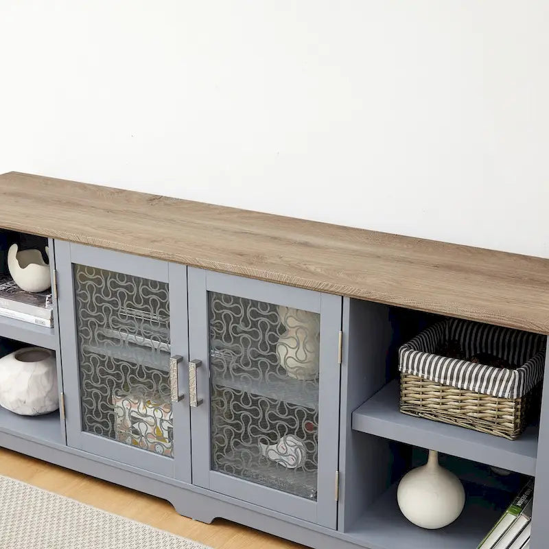 Meuble TV moderne, grande console de divertissement, pour téléviseur jusqu'à 80 pouces, avec étagères ouvertes et armoires à portes vitrées