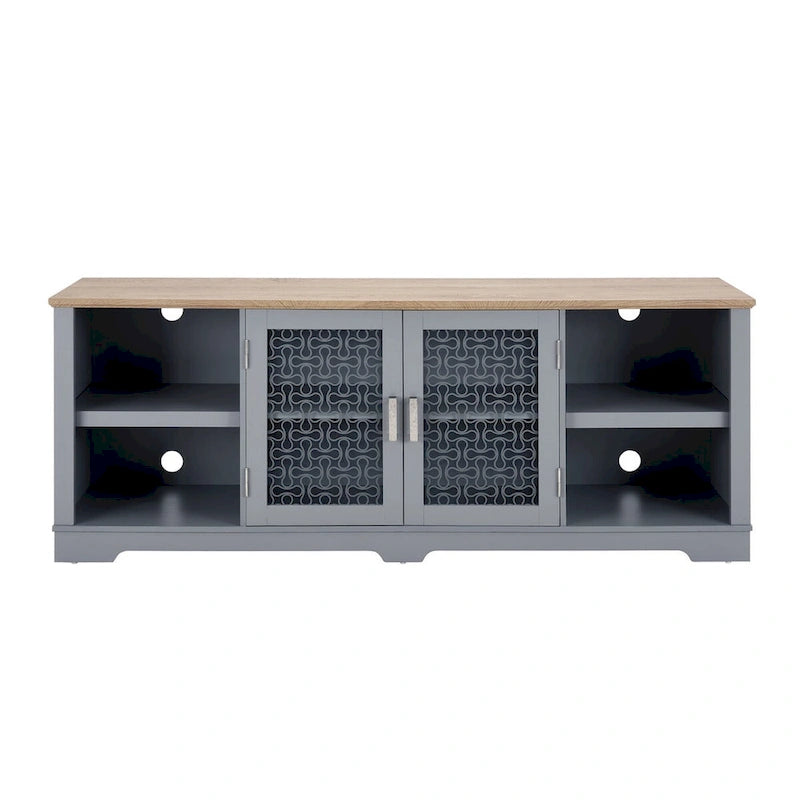 Meuble TV moderne, grande console de divertissement, pour téléviseur jusqu'à 80 pouces, avec étagères ouvertes et armoires à portes vitrées