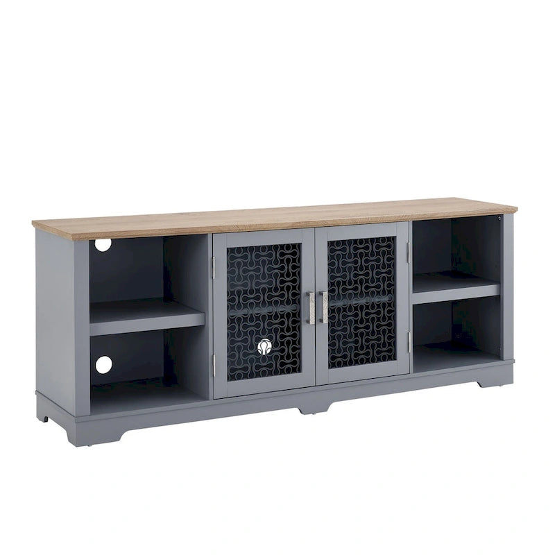 Meuble TV moderne, grande console de divertissement, pour téléviseur jusqu'à 80 pouces, avec étagères ouvertes et armoires à portes vitrées