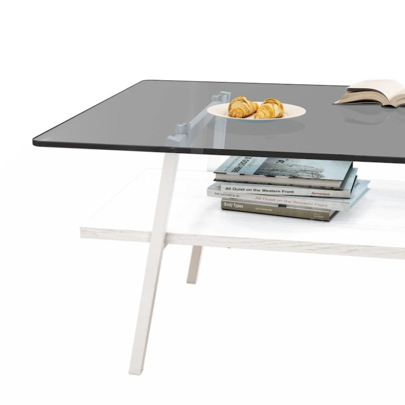 Table basse rectangulaire, plateau en verre trempé avec pieds en métal noir, table moderne pour salon