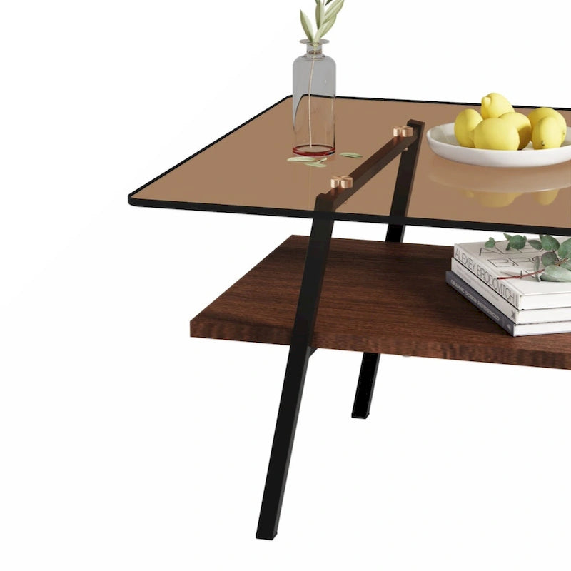 Table basse rectangulaire, plateau en verre trempé avec pieds en métal noir, table moderne pour salon