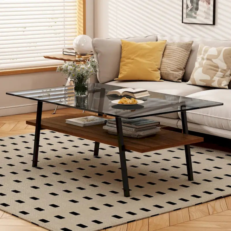 Table basse rectangulaire, plateau en verre trempé avec pieds en métal noir, table moderne pour salon