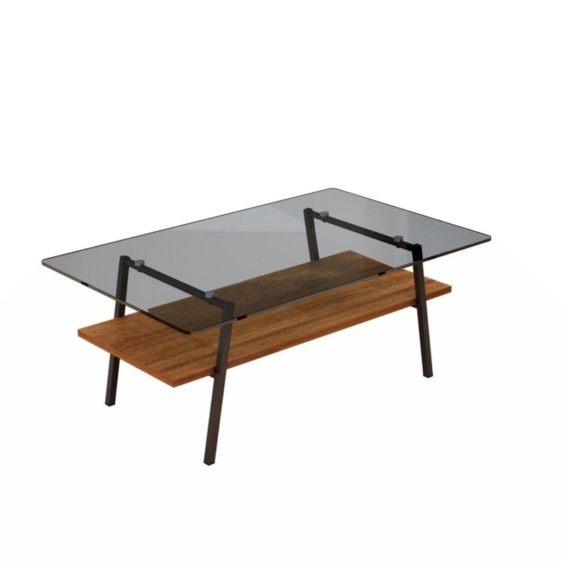 Table basse rectangulaire, plateau en verre trempé avec pieds en métal noir, table moderne pour salon