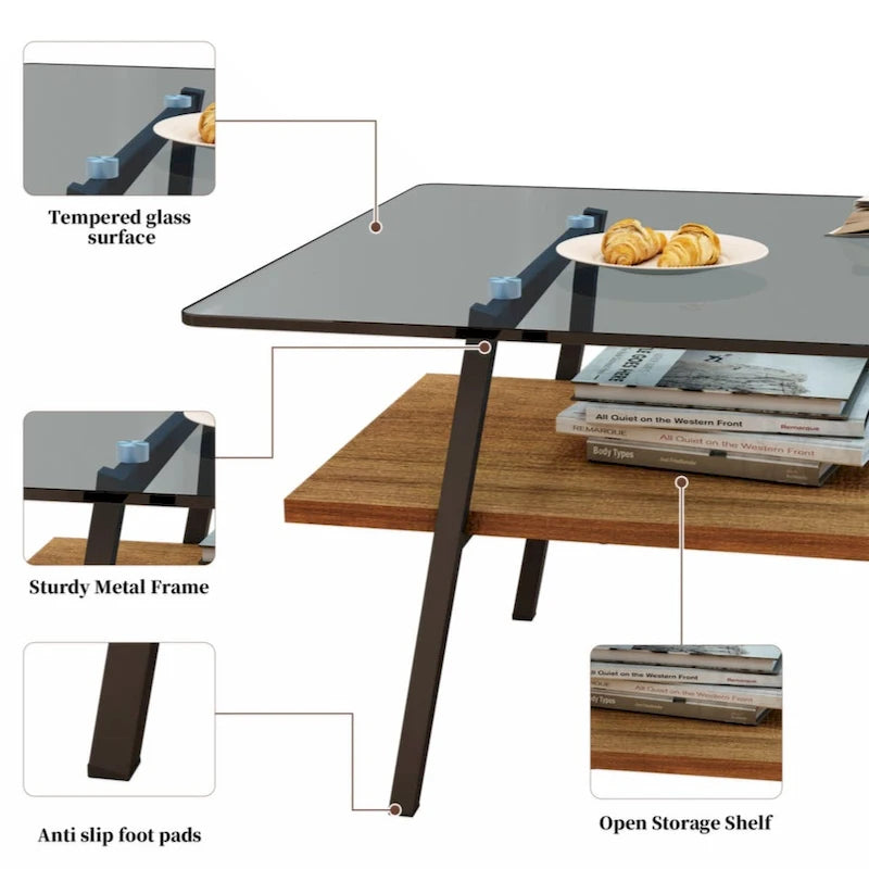 Table basse rectangulaire, plateau en verre trempé avec pieds en métal noir, table moderne pour salon