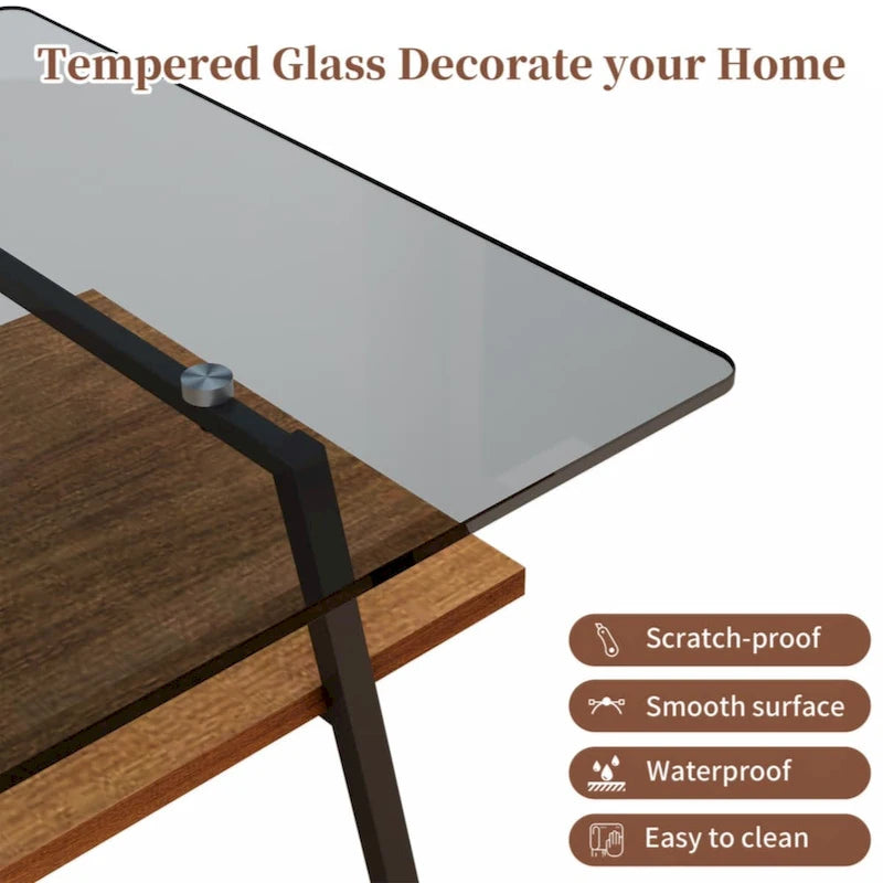 Table basse rectangulaire, plateau en verre trempé avec pieds en métal noir, table moderne pour salon