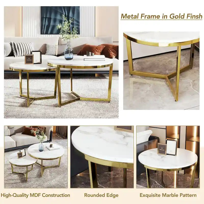 Table basse gigogne ronde moderne – Ensemble de 2 – Plateau blanc et marbré – Base dorée