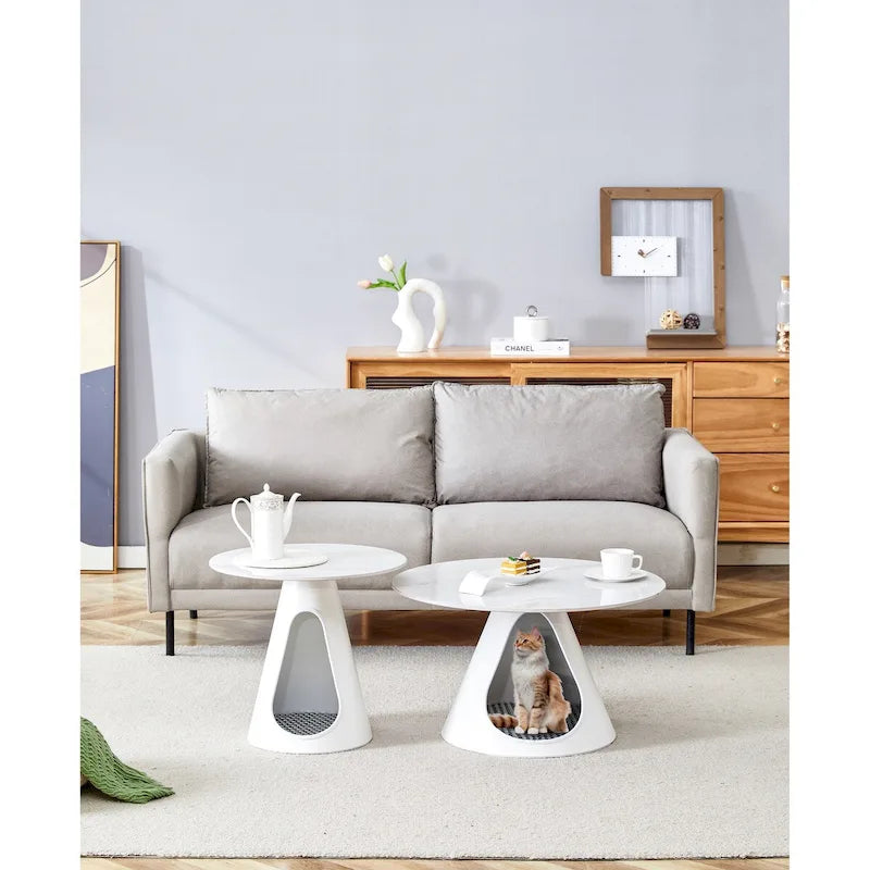 Ensemble de 2 tables basses rondes avec plateau effet marbre et base en acier avec 2 lits pour chats, multifonctionnel et élégant