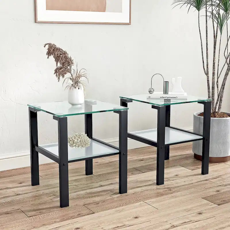 Lot de 2, table à thé à deux niveaux en verre, petite table ronde, table d'angle de chambre, table d'appoint de salon