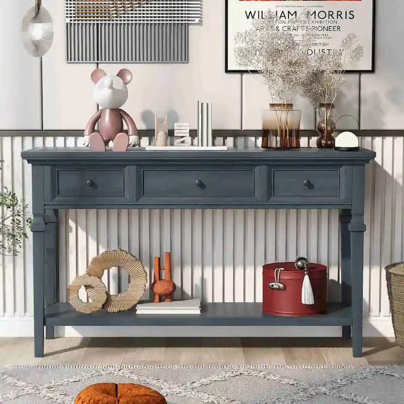 Console en bois de 50 po de style rétro classique avec trois tiroirs supérieurs et une étagère inférieure ouverte (fini gris délavé)