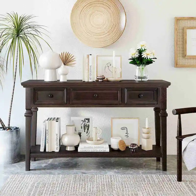 Console en bois de 50 po de style rétro classique avec trois tiroirs supérieurs et une étagère inférieure ouverte (fini gris délavé)