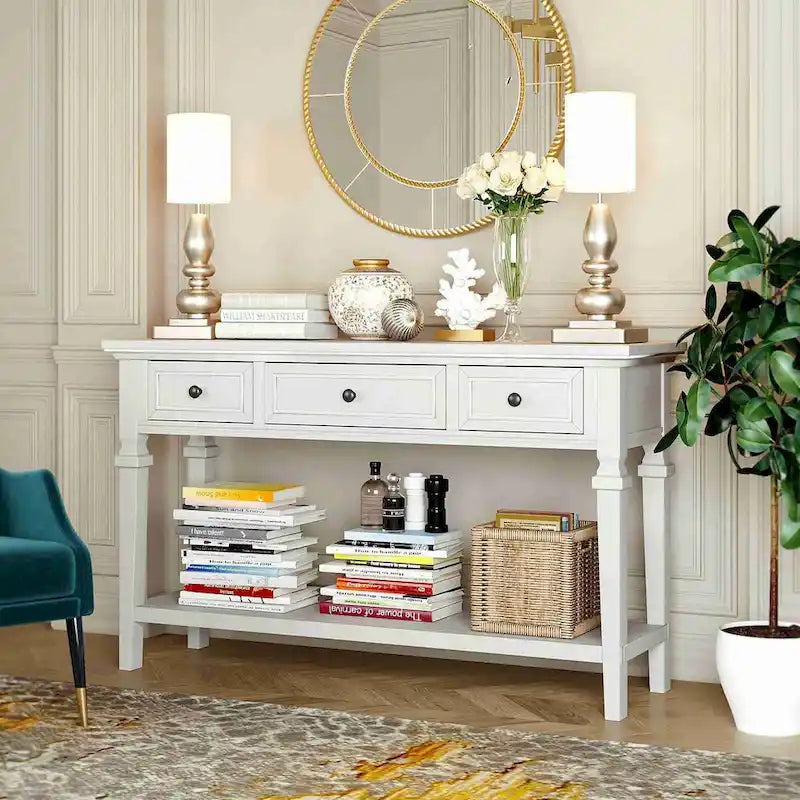 Console en bois de 50 po de style rétro classique avec trois tiroirs supérieurs et une étagère inférieure ouverte (fini gris délavé)