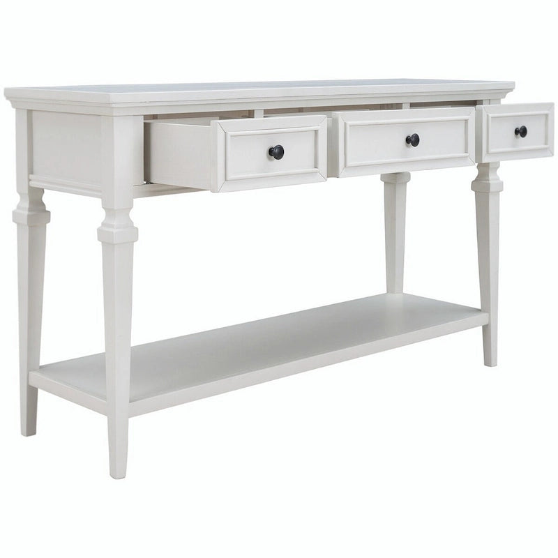 Console en bois de 50 po de style rétro classique avec trois tiroirs supérieurs et une étagère inférieure ouverte (fini gris délavé)